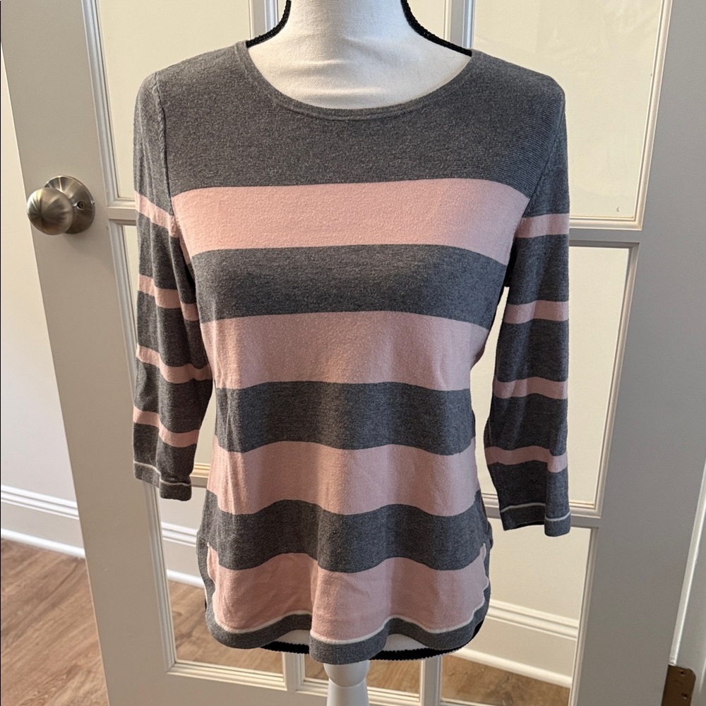 Talbots Women's Striped Crewneck Sweater Top 3/4 Sleeves, Size Medium Petite